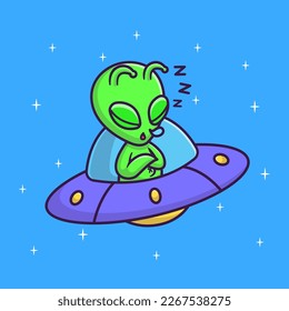 Cute Alien Sleeping On Ufo Cartoon Vector Icon Illustration. Science Technology Icon Concept Isolated Premium Vector. Flat Cartoon Style