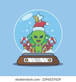 Cute alien in snow globe. Cute christmas cartoon character illustration. 