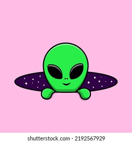 Cute Alien In Space Hole Cartoon Vector Icon Illustration. Flat Cartoon Concept