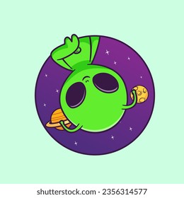 Cute Alien In Space Logo Cartoon Vector Icon Illustration. Science Technology Icon Concept Isolated Premium Vector. Flat Cartoon Style