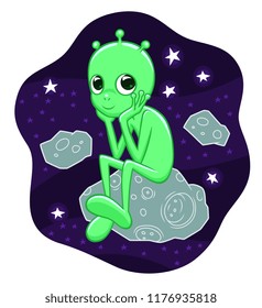 Cute alien in space on the asteroid