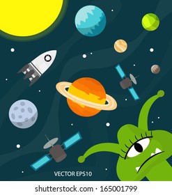 Cute alien with space and planets vector