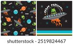 Cute alien space ship hand drawn vector illustration. Matching seamless pattern. Artwork features a flying saucer, planets, rockets, stars and icons on a black background. Apparel graphic artwork.