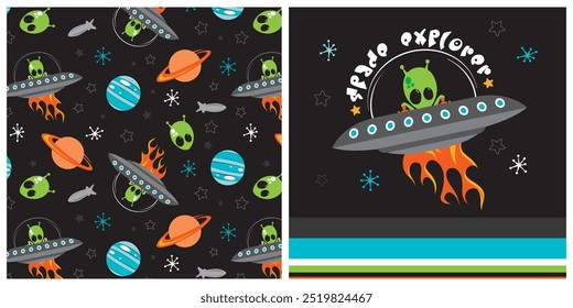 Cute alien space ship hand drawn vector illustration. Matching seamless pattern. Artwork features a flying saucer, planets, rockets, stars and icons on a black background. Apparel graphic artwork.