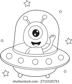 Linda nave espacial alienígena para colorear para imprimir para los niños. Personaje de dibujos animados de astronauta OVNI de Kawaii. Hoja para colorear del espacio exterior de los niños fáciles
