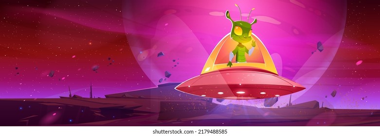 El alienígena lindo en la nave espacial se extiende sobre la superficie del planeta. Caricatura vectorial fantástica ilustración del paisaje montañoso y carácter extraterrestre verde en platillo volador