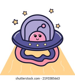 Cute Alien Spaceship UFO in Doodle Kawaii Style Vector. Science Technology Icon Concept. Suitable for children book, t-shirt, apparel and other children product.