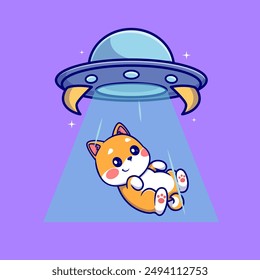 Nette Alien Raumschiff UFO Invasion Shiba Inu Hund Cartoon Vektorgrafik Icon Illustration. Animal Wissenschaft Icon Concept Isolated Premium Vektorgrafik. Flacher Zeichentrickstil