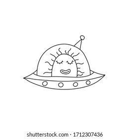 Cute alien in a spaceship UFO. Vector futuristic doodle illustration. Isolated unidentified flying object on a white background.