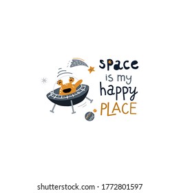 cute alien in spaceship.Vector illustration on the cosmic theme in childish style