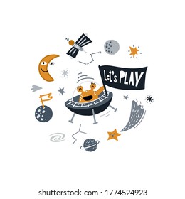 cute alien in spaceship.Vector illustration on the cosmic theme in childish style