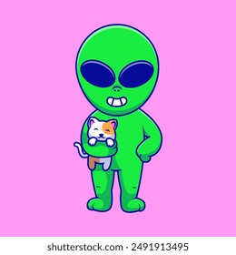 Cute Alien Standing And Holding A Cat Cartoon Vector Icon Illustration. Science Animal. Flat Cartoon Concept.