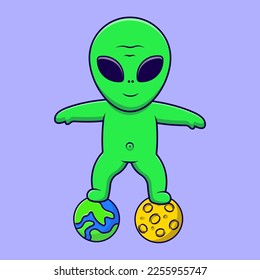 Cute Alien Standing On Planet Cartoon Vector Icons Illustration. Flat Cartoon Concept. Suitable for any creative project.