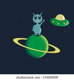 Cute alien standing on the planet and welcomes us.Childish cartoon design for kid t-shirts,dress or greeting cards.