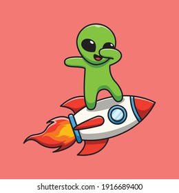 Cute alien standing on a rocket cartoon illustration