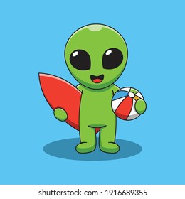 Cute Alien With Surfing Board Cartoon Illustration