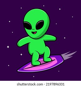 Cute Alien Surfing On Galaxy Cartoon Vector Icon Illustration. Flat Cartoon Concept