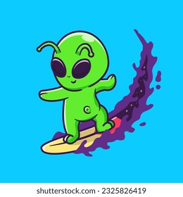 Cute Alien Surfing On Space Wave Cartoon Vector Icon Illustration. Science Sport Icon Concept Isolated Premium Vector. FlatCartoon Style
