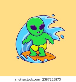 Cute Alien Surfing With Surfboard Cartoon Vector Icons Illustration. Flat Cartoon Concept. Suitable for any creative project.