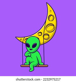 Cute Alien Swing On Moon Cartoon Vector Icons Illustration. Flat Cartoon Concept. Suitable for any creative project.