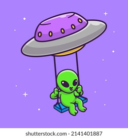 Cute Alien Swing On Ufo Cartoon Vector Icon Illustration. Science Technology Icon Concept Isolated Premium Vector. Flat Cartoon Style