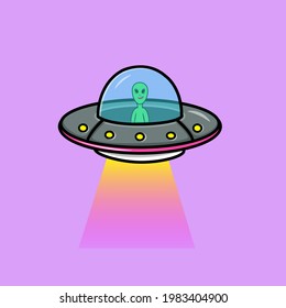 Cute Alien t With Spaceship UFO Cartoon Vector Icon Illustration. Science Technology Icon Concept Isolated Premium Vector. Flat Cartoon Style