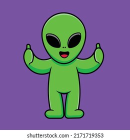 Cute Alien Thumbs Up Cartoon Vector Icon Illustration. Science Icon Concept Isolated Premium Vector.