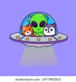 Cute Alien, Tiger And Husky Dog Flying With Ufo Cartoon Vector Icon Illustration. Science Animal Icon Concept Isolated Premium Vector. Flat Cartoon Style