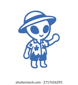 Cute alien tourist waving hello with a friendly smile