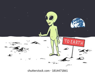 Cute alien trying to get to Earth by hitchhiking from Moon or other planet. Humanoid hitches a ride. Vector illustration