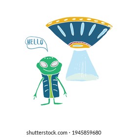 Cute Alien and Ufo Cartoon Hand Drawn aliens spaceship Doodle t-shirt print design. Vector Illustration.