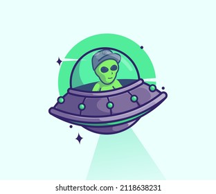 Cute Alien UFO Cartoon Vector Icon Illustration. Space Icon Concept Isolated Premium Vector. Flat Cartoon Style