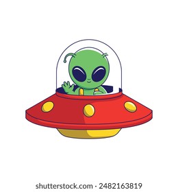 Cute alien with ufo Cartoon Vector