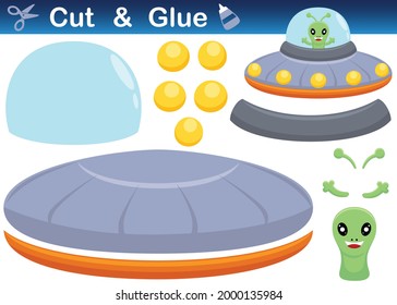 Cute alien UFO. Education paper game for children. Cutout and gluing. Vector cartoon illustration