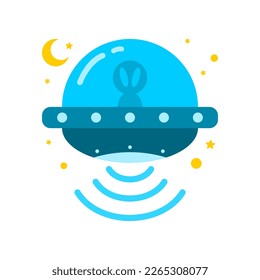 Cute alien in UFO flying shoot beam in space with crescent moon and stars cartoon character icon flat vector design