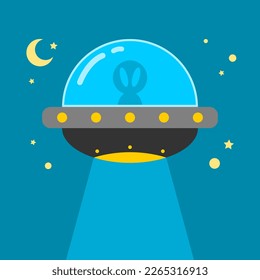 Cute alien in UFO flying shoot beam in space with crescent moon and stars cartoon character icon flat vector design