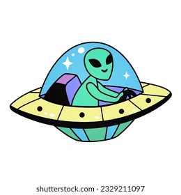 OVNI alienígena lindo en un platillo volador. Concepto de icono espacial Aislado en fondo blanco. Ilustración vectorial en estilo de dibujos animados planos