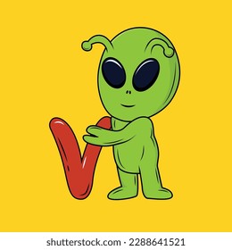 Cute Alien with V Letter Cartoon Sticker vector illustration