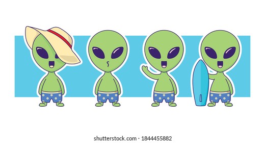 Cute Alien Vacation Vector Cartoon Character Illustration Set