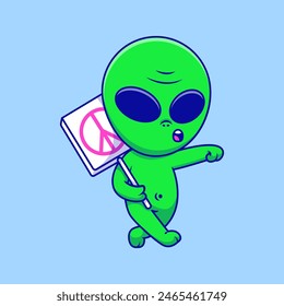 Cute Alien Walking With Holding Peace Sign Board Cartoon Vector Icons Illustration. Flat Cartoon Concept. Suitable for any creative project.