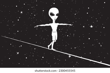 Cute alien walks on a tighrope in space