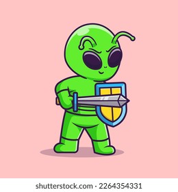 Cute Alien Warrior Holding Sword and Shield Cartoon Vector Icon Illustration. Science Technology Icon Concept Isolated Premium Vector. Flat Cartoon Style