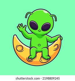 Cute Alien Waving Hand On Moon Cartoon Vector Icon Illustration Science Technology Icon Concept Isolated Premium Vector. Flat Cartoon Style