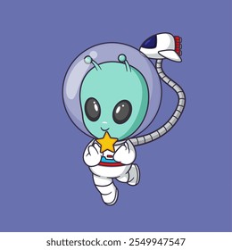 Cute alien wearing astronaut suit and holding a star Cartoon Vector Icon Illustration. Scene space Icon Concept Isolated Premium Vector