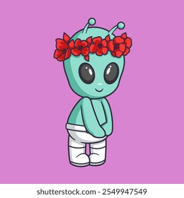 Cute alien wearing a crown of roses Cartoon Vector Icon Illustration. Scene carnival Icon Concept Isolated Premium Vector