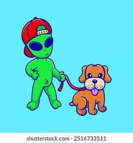 Cute Alien Wearing Hat Standing With Dog Cartoon Vector Icon Illustration. Science Animal Concept
 Flat Cartoon Vector.