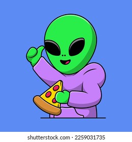 Cute Alien Wearing Hoodie And Holding Pizza Cartoon Vector Icons Illustration. Flat Cartoon Concept. Suitable for any creative project.