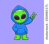 Cute Alien Wearing Hoodie Jacket Cartoon Vector Icon Illustration. Science Technology Icon Concept Isolated Premium Vector. Flat Cartoon Style