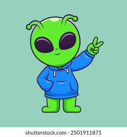 Cute Alien Wearing Hoodie Jacket Cartoon Vector Icon Illustration. Science Technology Icon Concept Isolated Premium Vector. Flat Cartoon Style