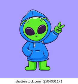 Cute Alien Wearing Hoodie Jacket Cartoon Vector Icon Illustration. Science Technology Icon Concept Isolated Premium Vector. Flat Cartoon Style